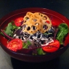 a good afternoon. here is another one: Hijiki Soba Salad. soba noodle (made with hijiki seaweed, actually no buckweat!) w mixed salad leafs, served with light ume (pickled plum) mayo dressing, plus lots of krasse and lotus roots chips. perfect for you who